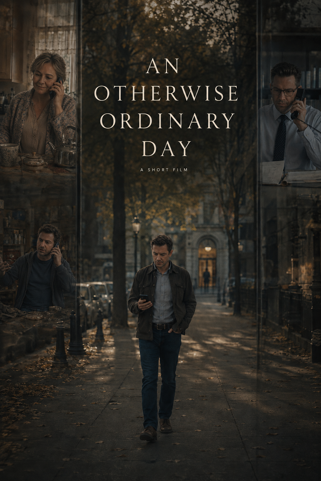 Movie poster for An Otherwise Ordinary Day, showing the protagonist walking beneath reflected glimpses of the people he calls