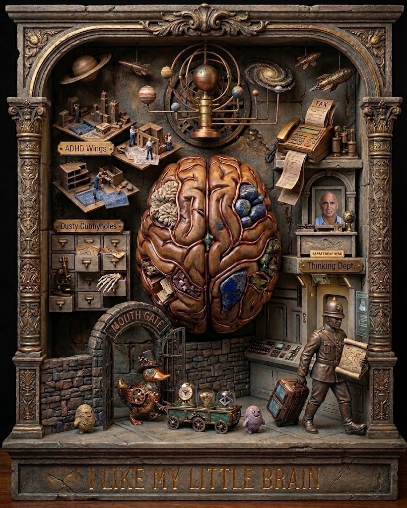 An ornate miniature workshop built around a brain, with dusty cubbyholes, an ADHD wing, a thinking department, a fax machine, and a police officer leaving through the mouth gate