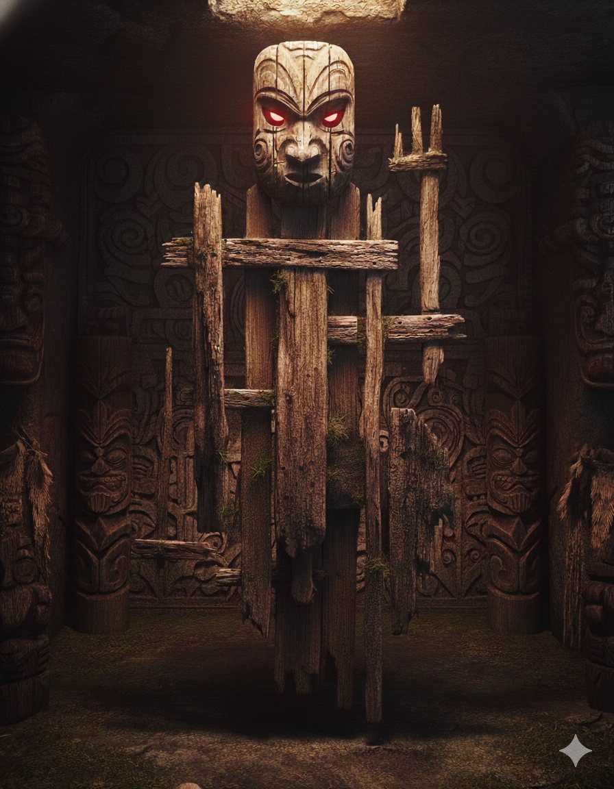 Carved Māori figures gathered around a central timber guardian