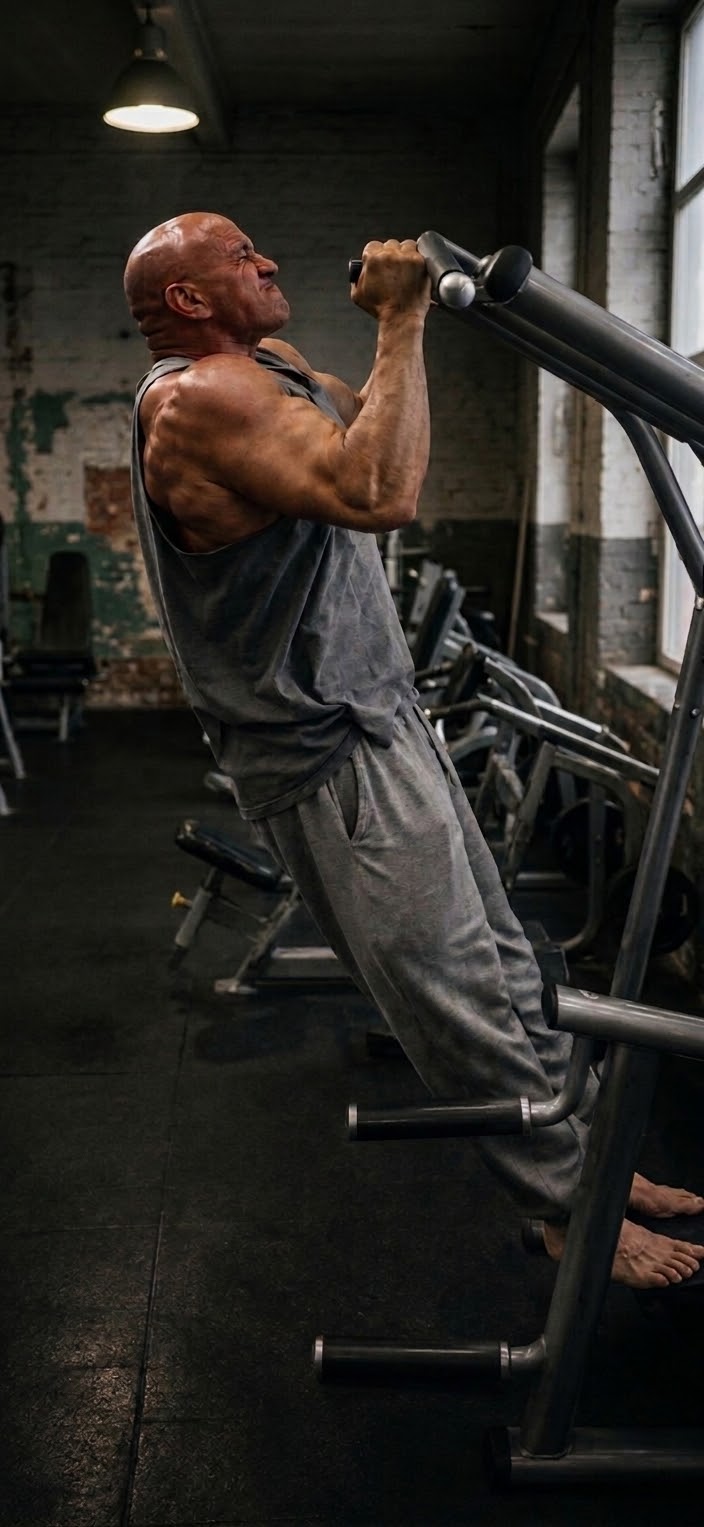 Rodger completing a pull-up in a stripped-back industrial gym