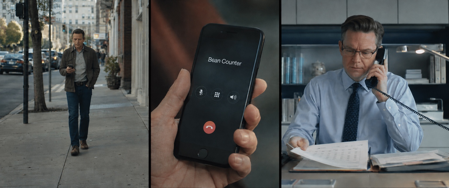 Three-panel film frame showing the protagonist walking, a phone call to Bean Counter, and an accountant answering from his office