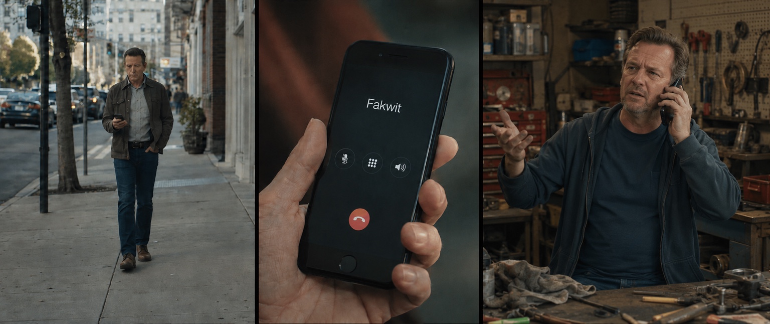 Three-panel film frame showing the protagonist walking, a phone call to Fakwit, and his childhood friend answering from a workshop