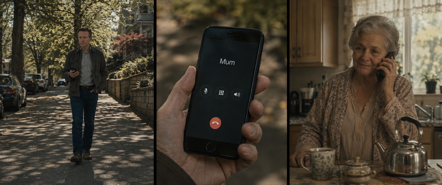 Three-panel film frame showing the protagonist walking, a phone call to Mum, and his mother answering from her kitchen