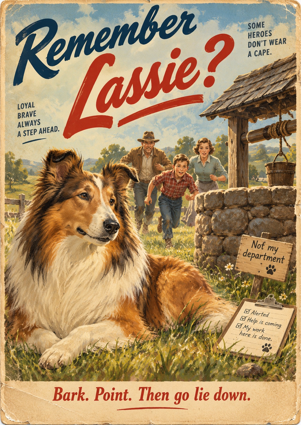 Vintage Remember Lassie poster showing a collie beside a well after alerting a family to danger