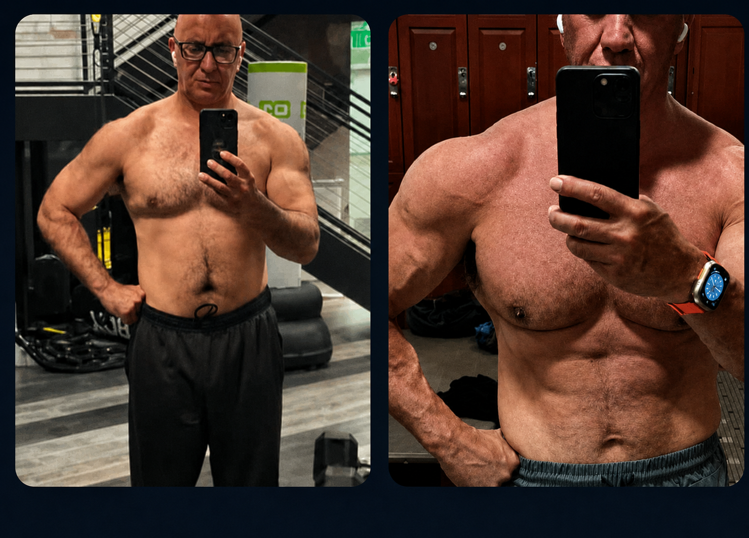 Two gym portraits of Rodger at different stages of his strength training journey