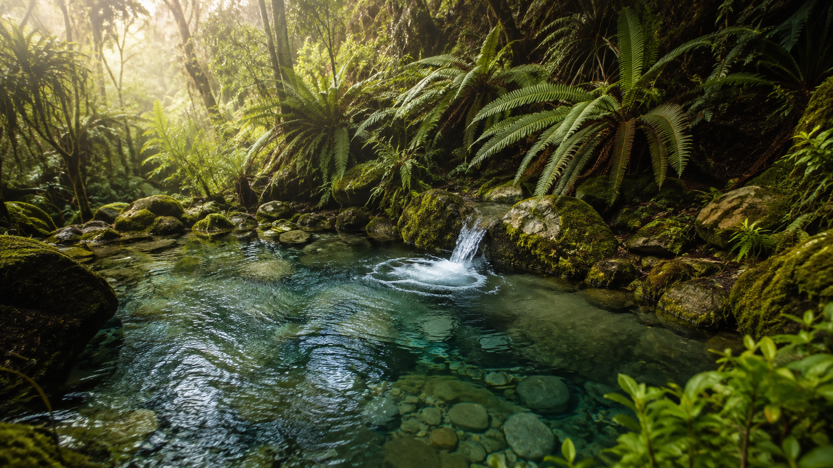 A clear forest pool fed by a small waterfall among ferns and moss-covered rocks
