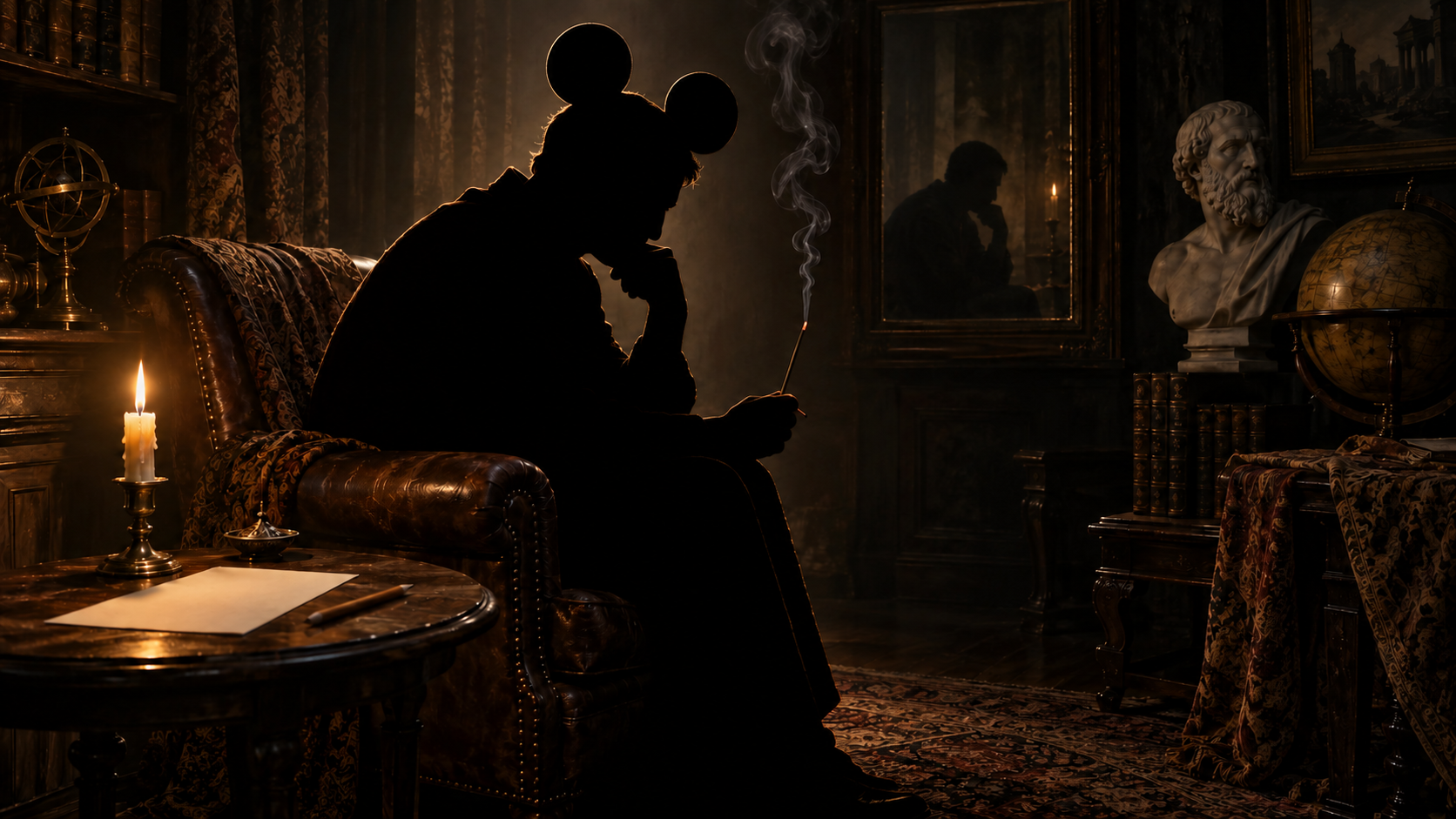 A silhouetted man wearing a mouse-ear hat sits thoughtfully in an armchair beside a candle and a curling stick of incense