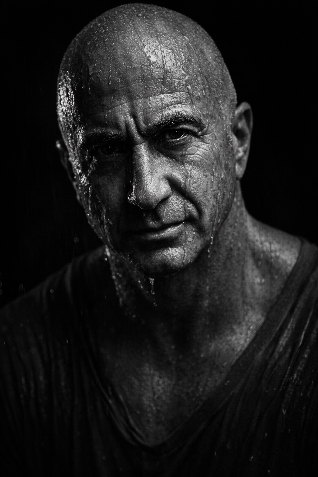 Black-and-white portrait of an exhausted strength athlete drenched in sweat