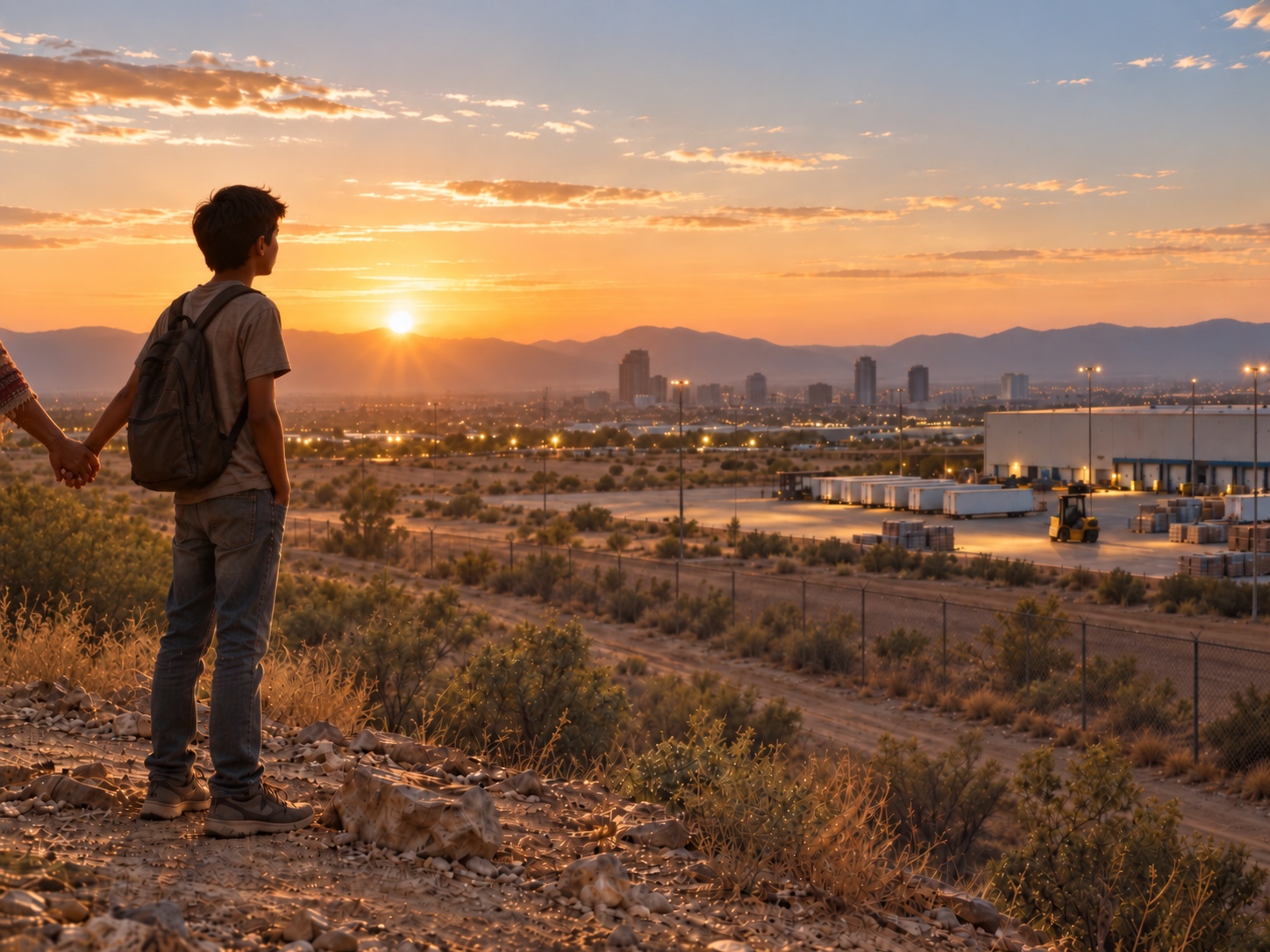 A young Mexican boy in simple clothes and sneakers holds his offscreen mother’s hand on a hillside at golden hour, looking toward a distant industrial area and forklift