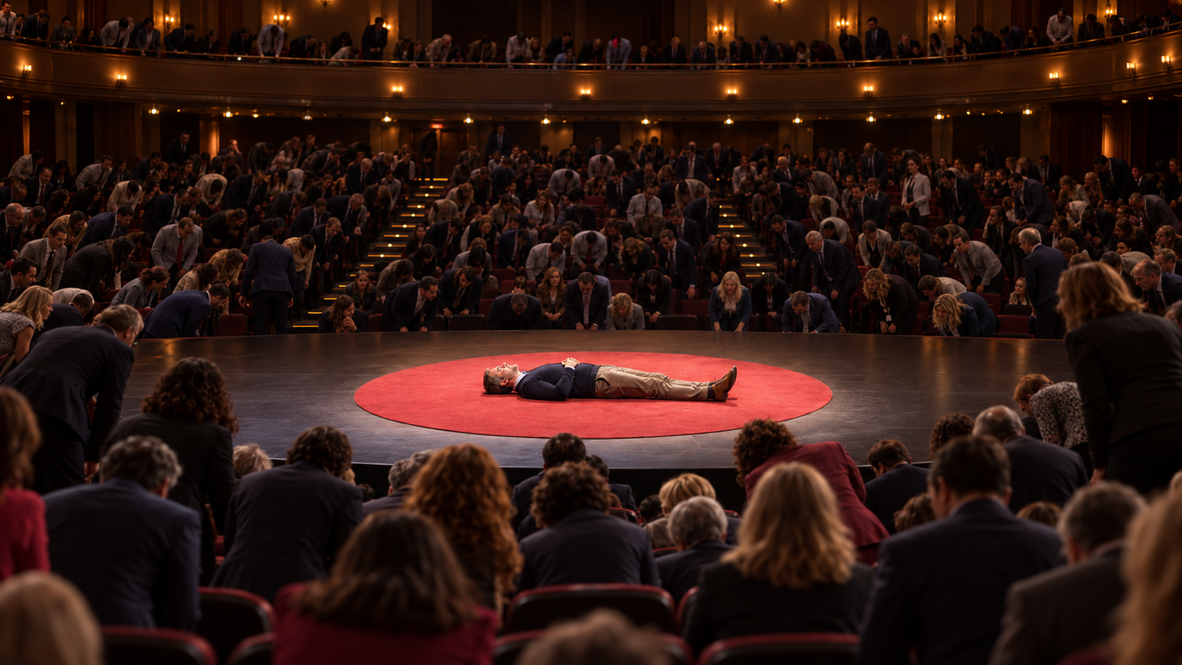 A crowded theatre audience caught halfway through a bow while the presenter lies calmly on the red circle at centre stage